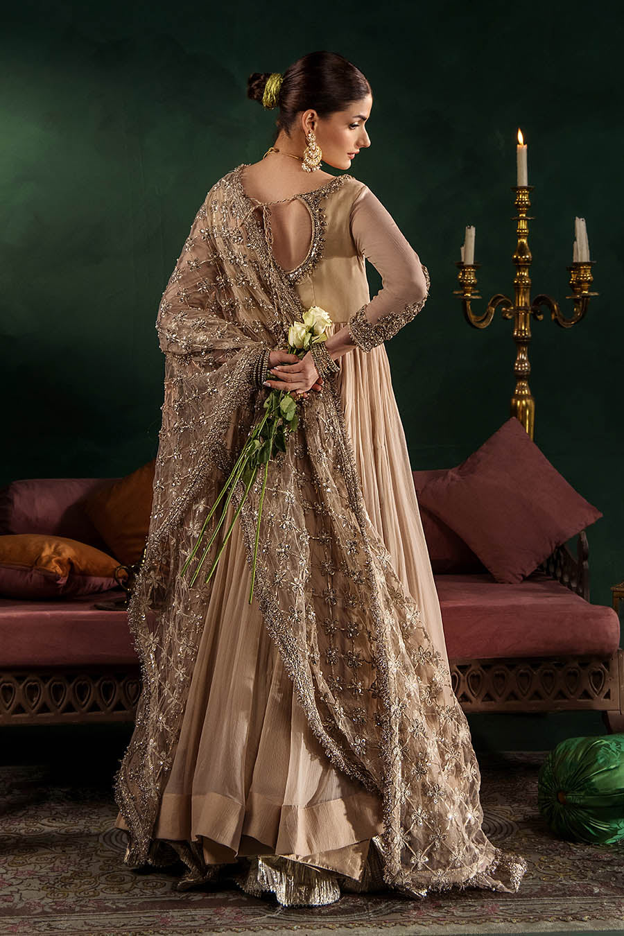 P-307 pastel pink / olive / white pishwas, reference outfit photograph 12 — Made by Mairaz reproduction
