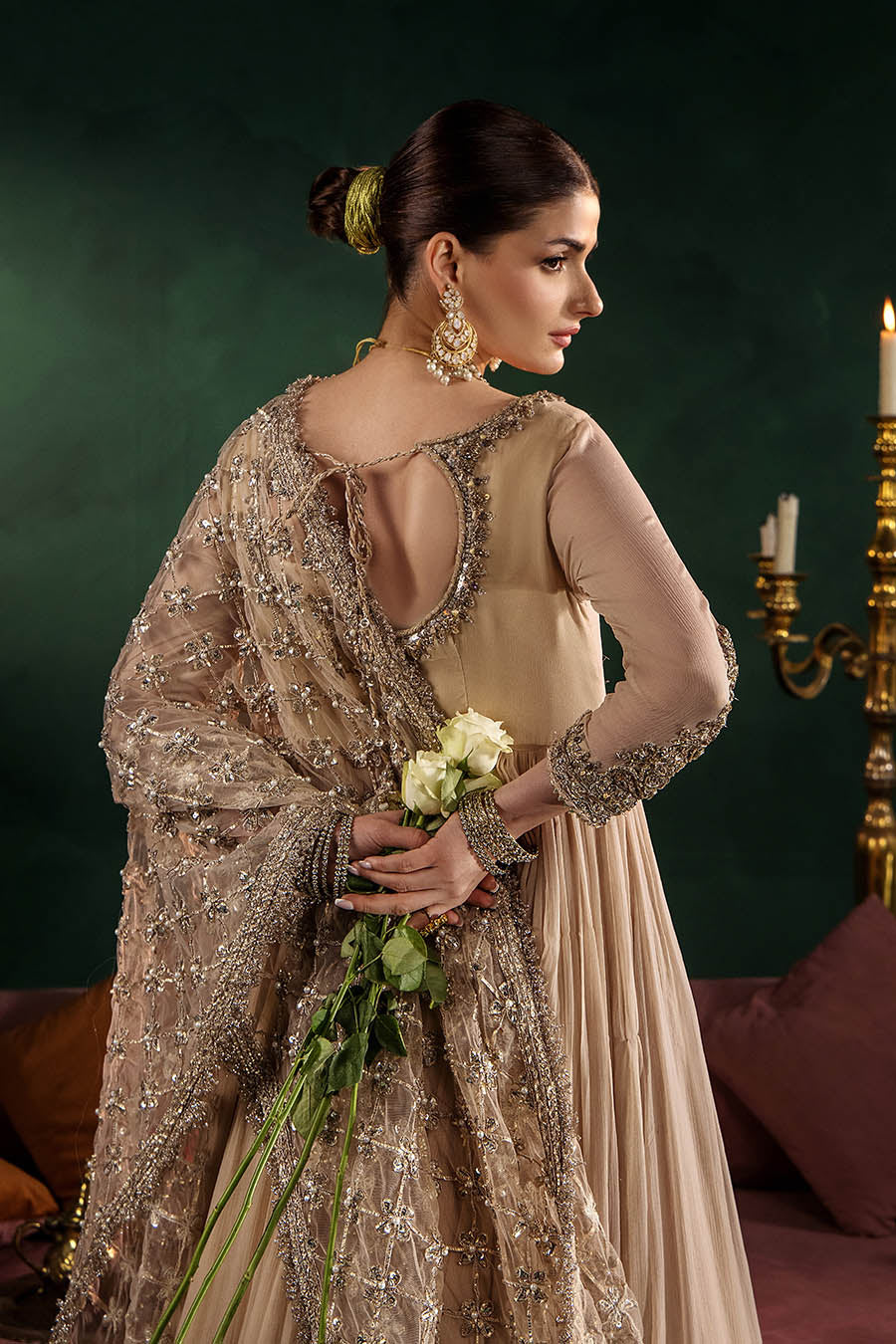 P-307 pastel pink / olive / white pishwas, reference outfit photograph 13 — Made by Mairaz reproduction
