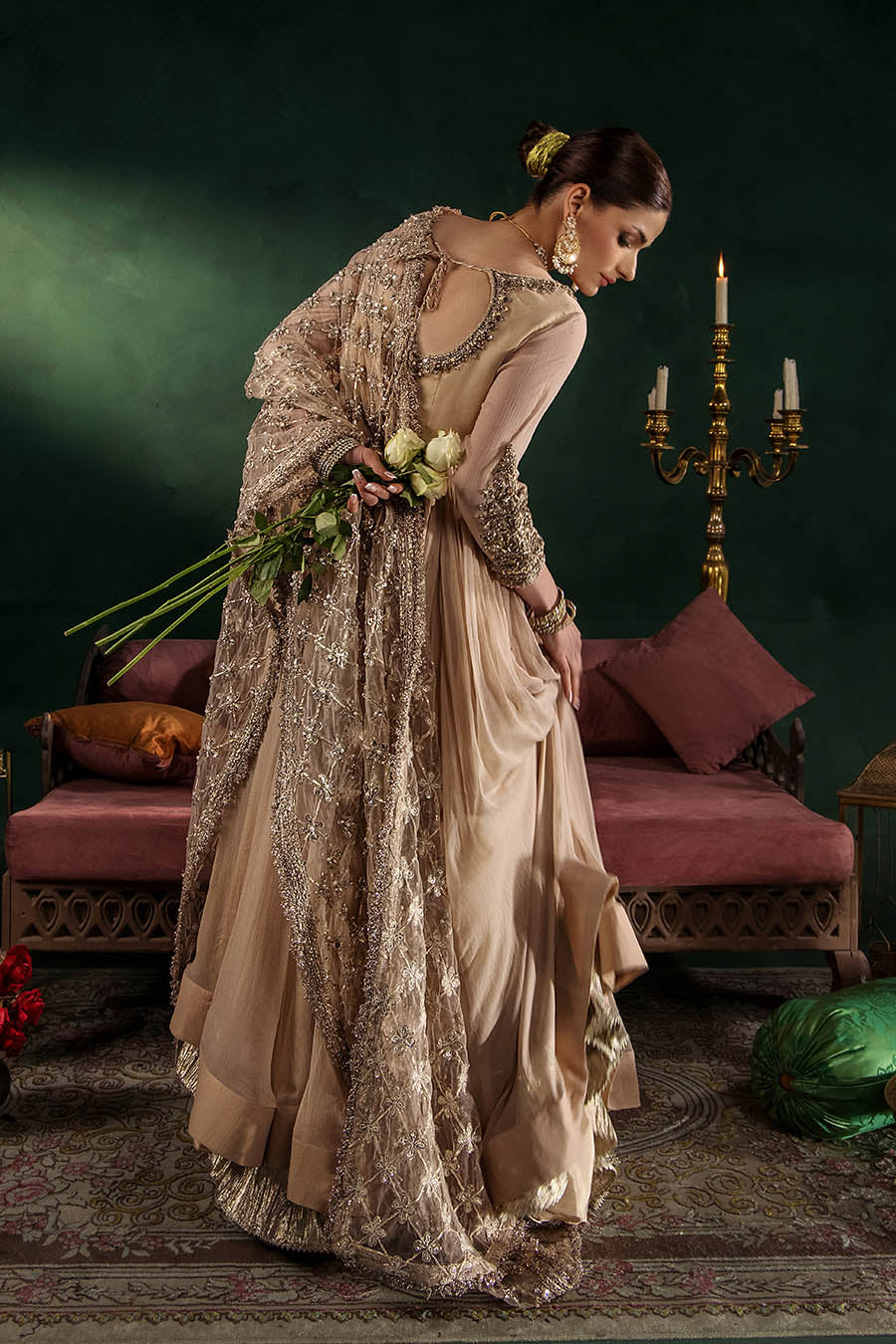 P-307 pastel pink / olive / white pishwas, reference outfit photograph 14 — Made by Mairaz reproduction