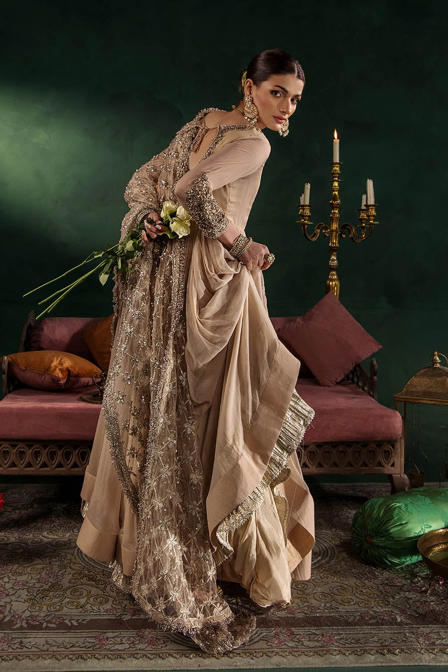 P-307 pastel pink / olive / white pishwas, reference outfit photograph 15 — Made by Mairaz reproduction