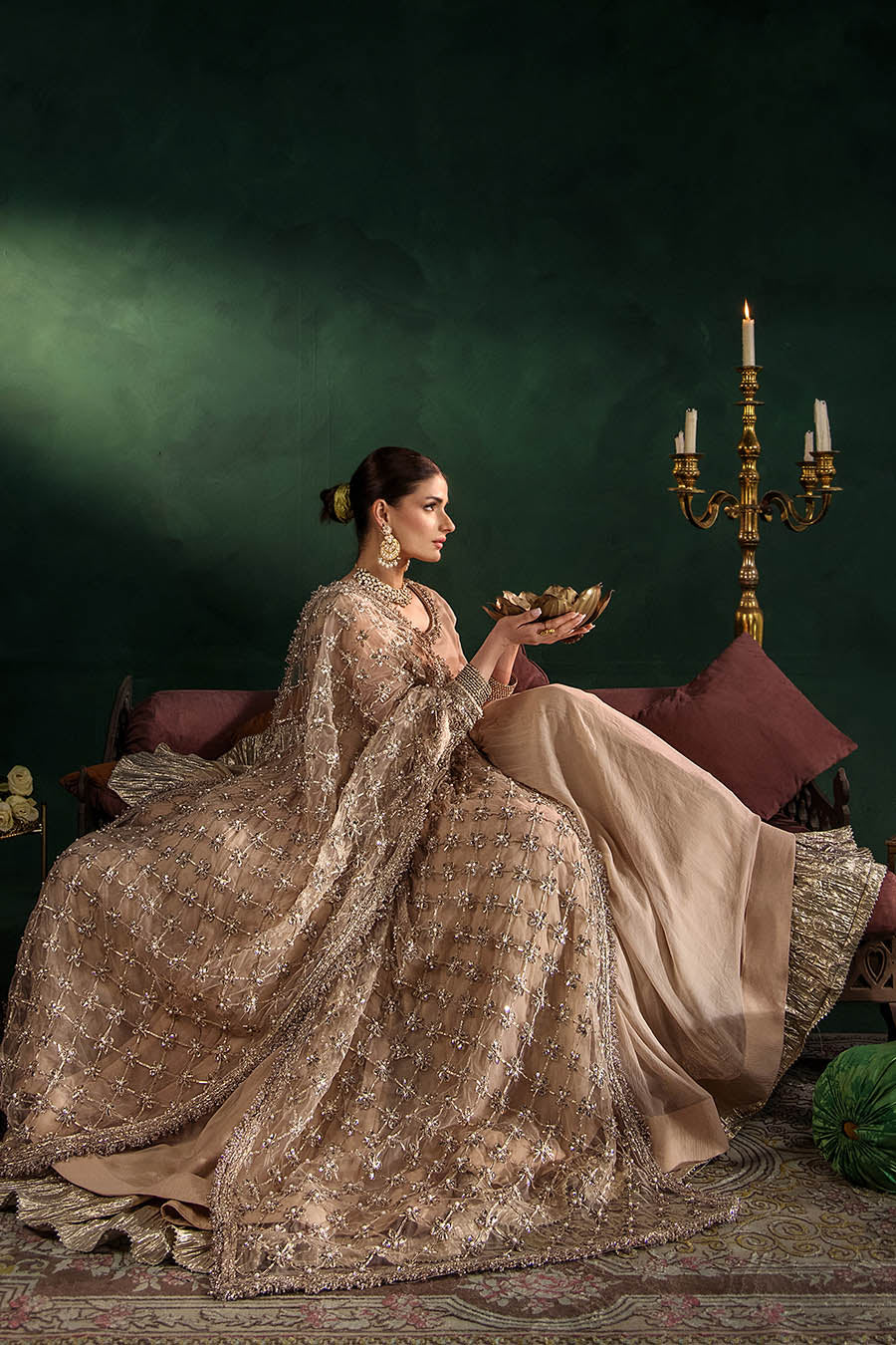 P-307 pastel pink / olive / white pishwas, reference outfit photograph 16 — Made by Mairaz reproduction