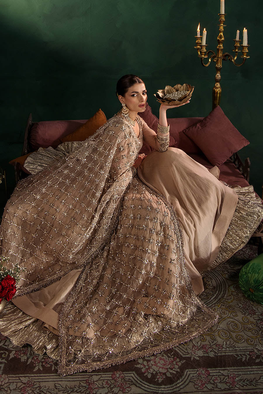 P-307 pastel pink / olive / white pishwas, reference outfit photograph 18 — Made by Mairaz reproduction