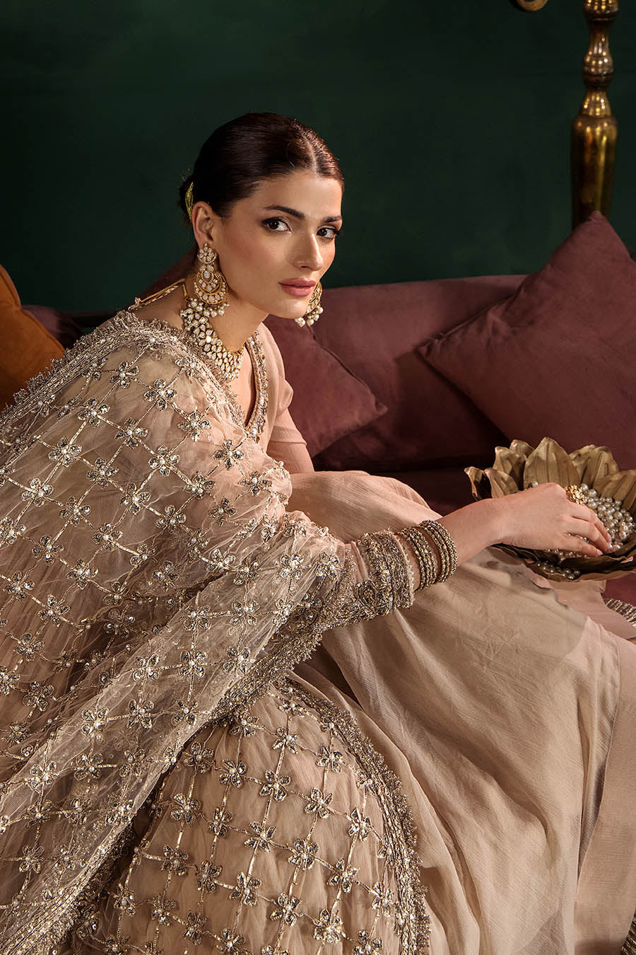 P-307 pastel pink / olive / white pishwas, reference outfit photograph 19 — Made by Mairaz reproduction