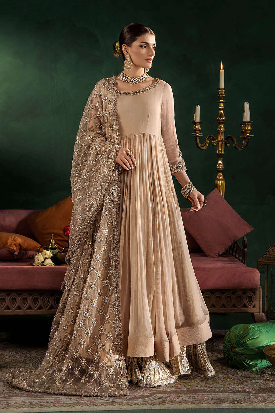 P-307 pastel pink / olive / white pishwas, reference outfit photograph 2 — Made by Mairaz reproduction