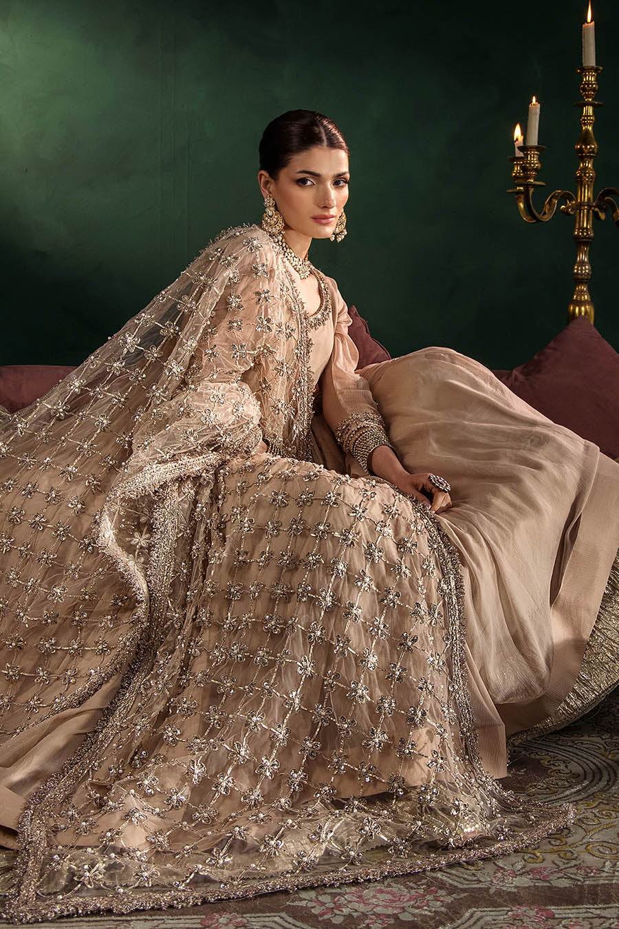 P-307 pastel pink / olive / white pishwas, reference outfit photograph 20 — Made by Mairaz reproduction