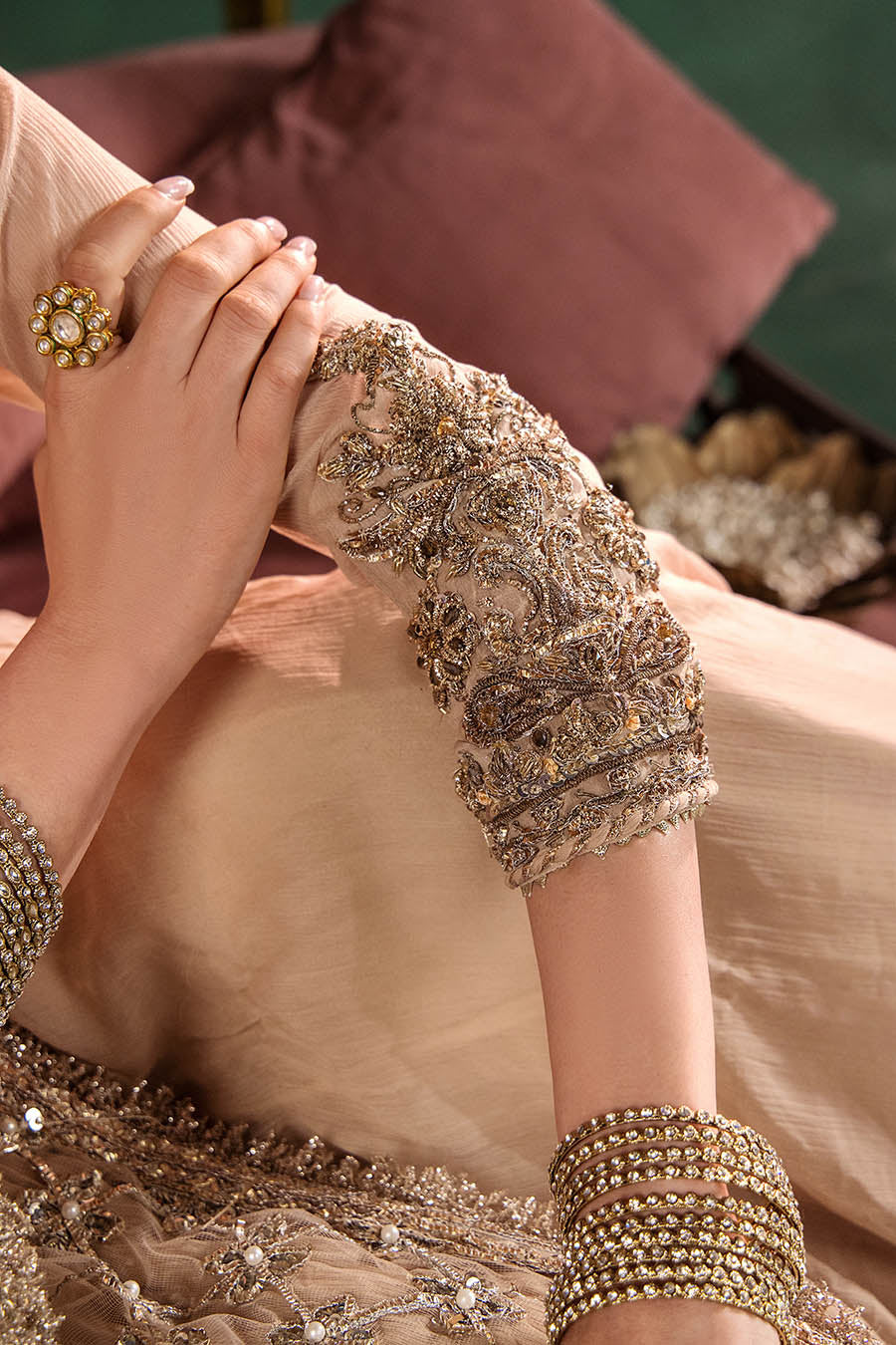 P-307 pastel pink / olive / white pishwas, reference outfit photograph 21 — Made by Mairaz reproduction