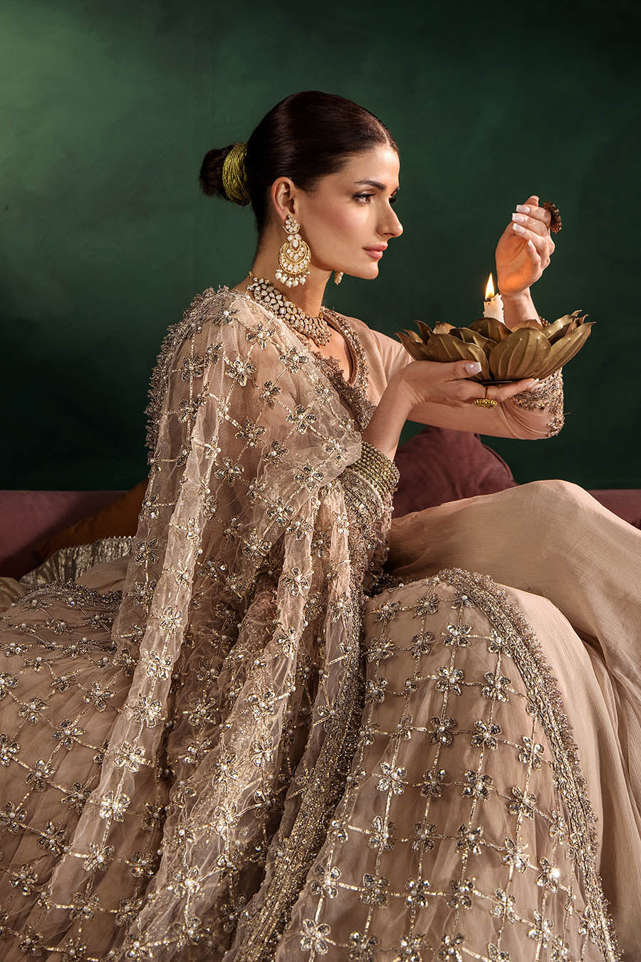 P-307 pastel pink / olive / white pishwas, reference outfit photograph 23 — Made by Mairaz reproduction