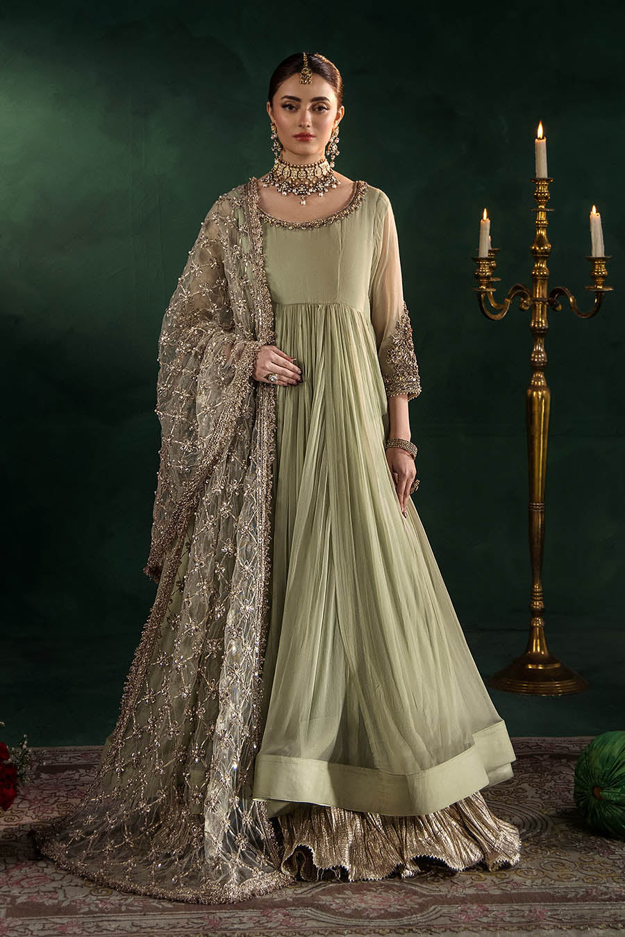 P-307 pastel pink / olive / white pishwas, reference outfit photograph 24 — Made by Mairaz reproduction