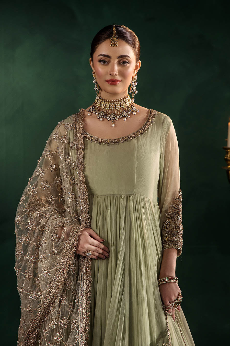 P-307 pastel pink / olive / white pishwas, reference outfit photograph 25 — Made by Mairaz reproduction