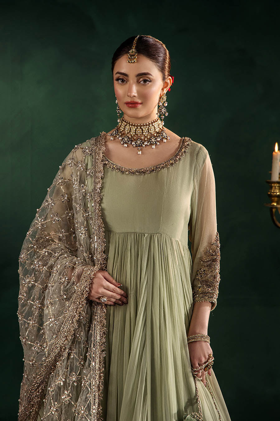 P-307 pastel pink / olive / white pishwas, reference outfit photograph 26 — Made by Mairaz reproduction