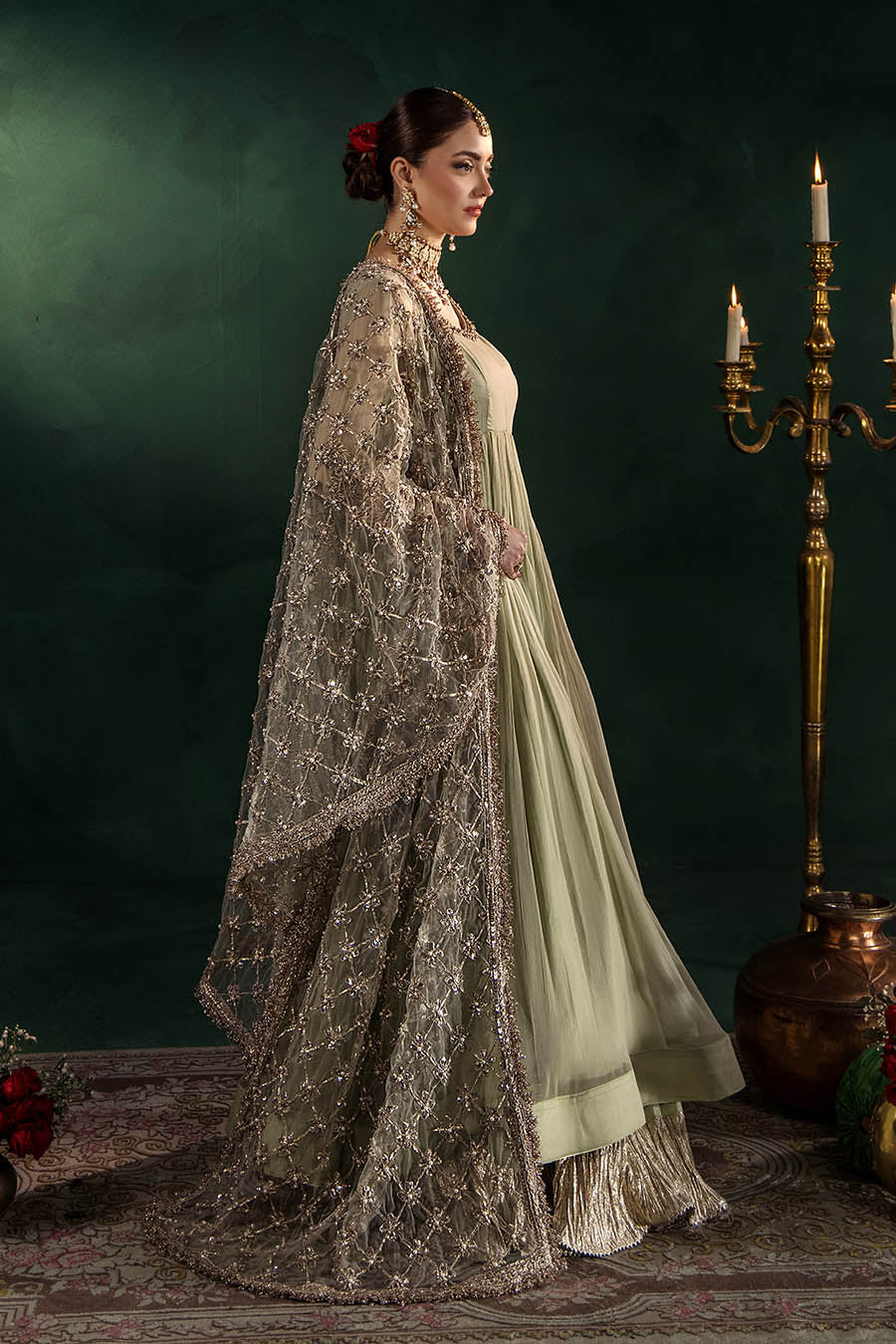 P-307 pastel pink / olive / white pishwas, reference outfit photograph 27 — Made by Mairaz reproduction