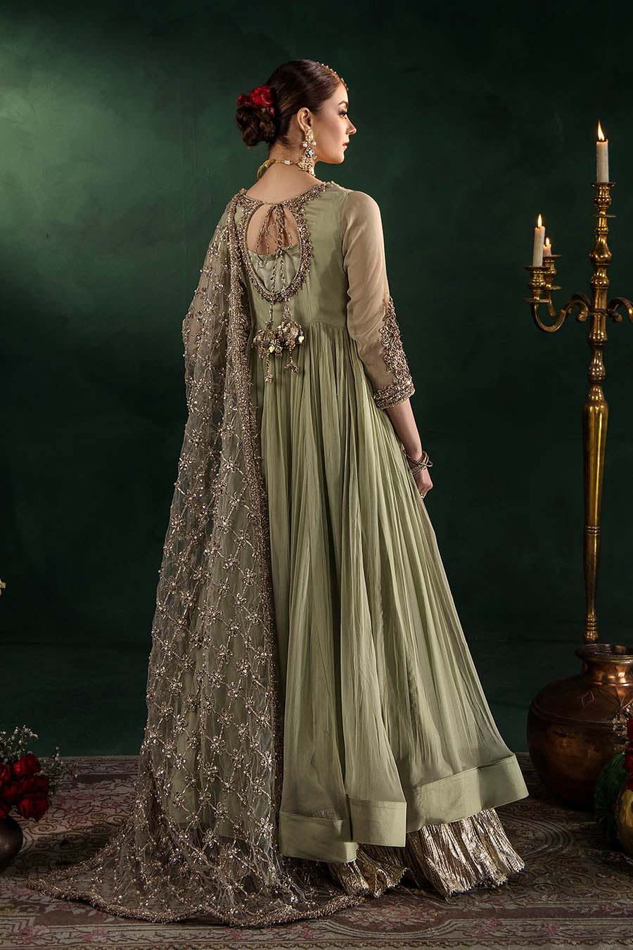 P-307 pastel pink / olive / white pishwas, reference outfit photograph 29 — Made by Mairaz reproduction