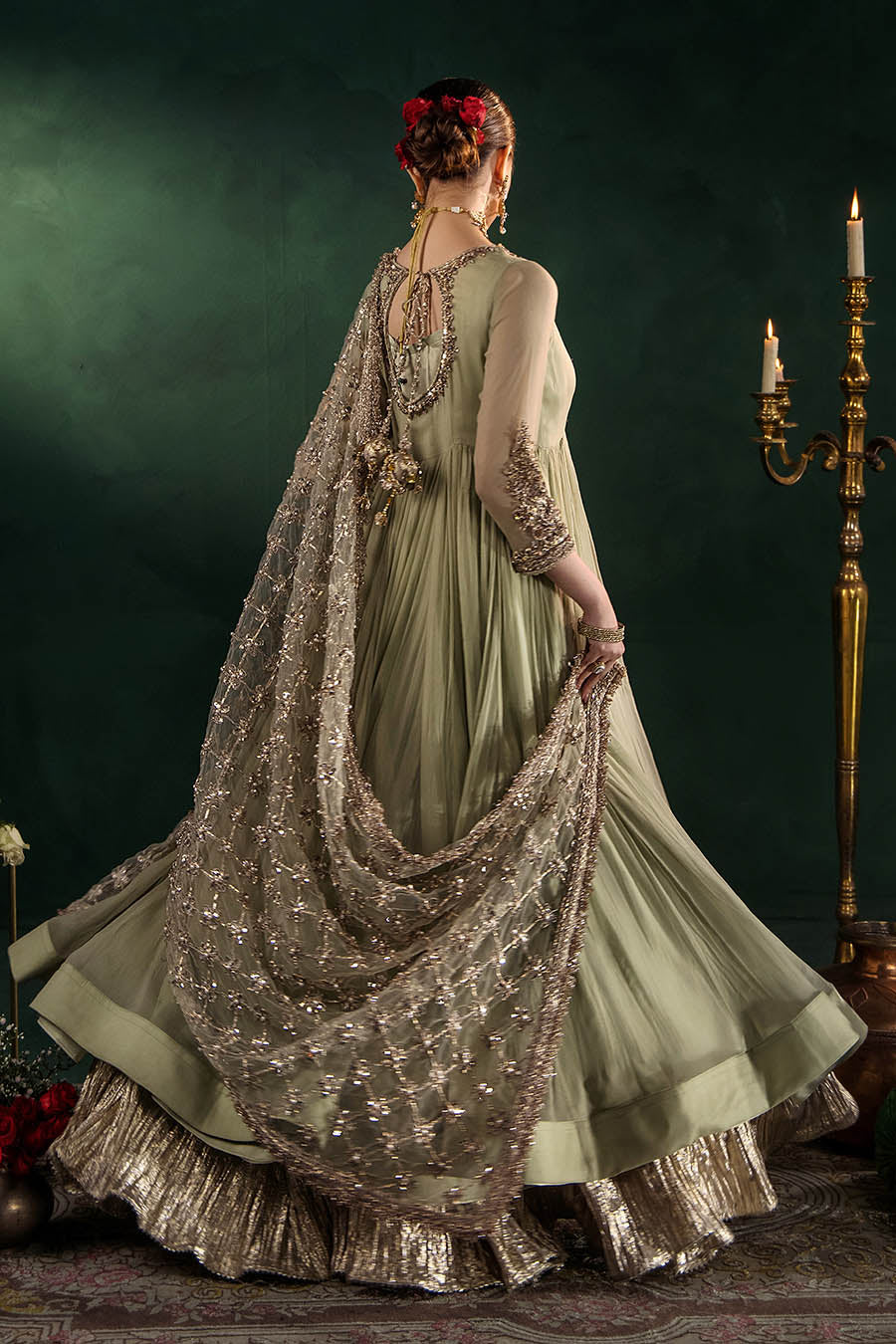 P-307 pastel pink / olive / white pishwas, reference outfit photograph 30 — Made by Mairaz reproduction