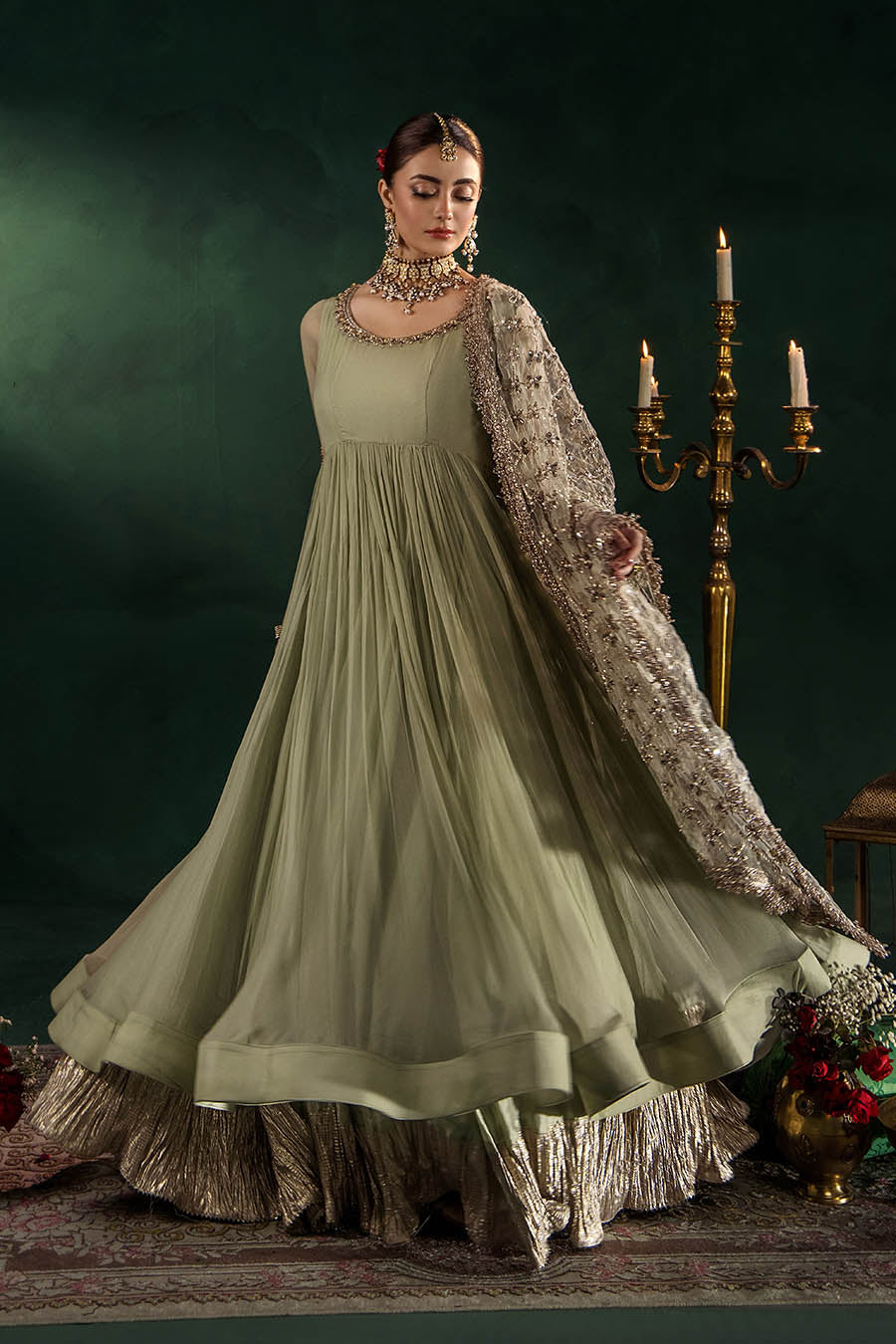 P-307 pastel pink / olive / white pishwas, reference outfit photograph 31 — Made by Mairaz reproduction