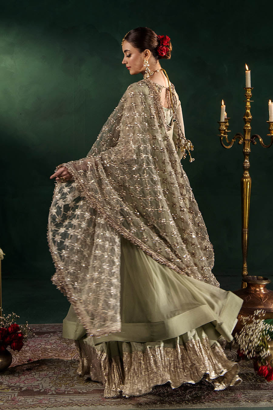 P-307 pastel pink / olive / white pishwas, reference outfit photograph 32 — Made by Mairaz reproduction