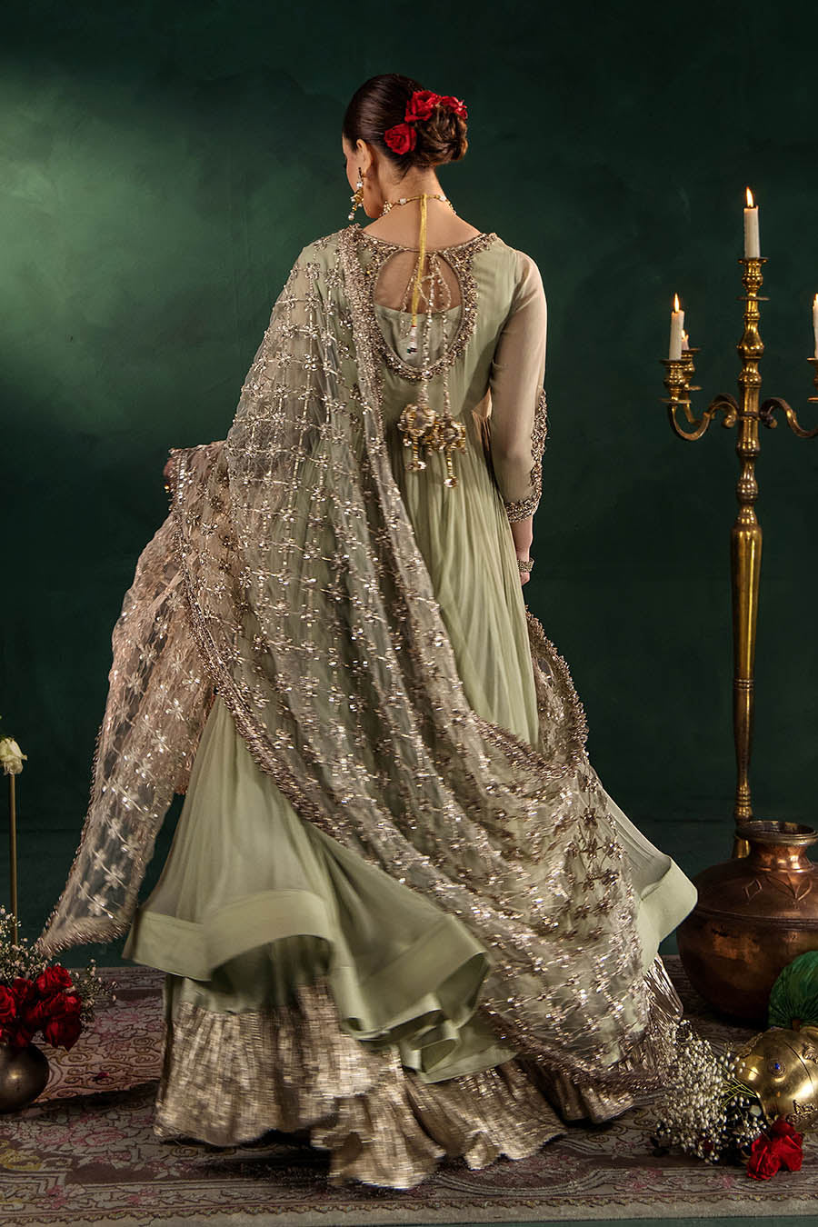 P-307 pastel pink / olive / white pishwas, reference outfit photograph 33 — Made by Mairaz reproduction