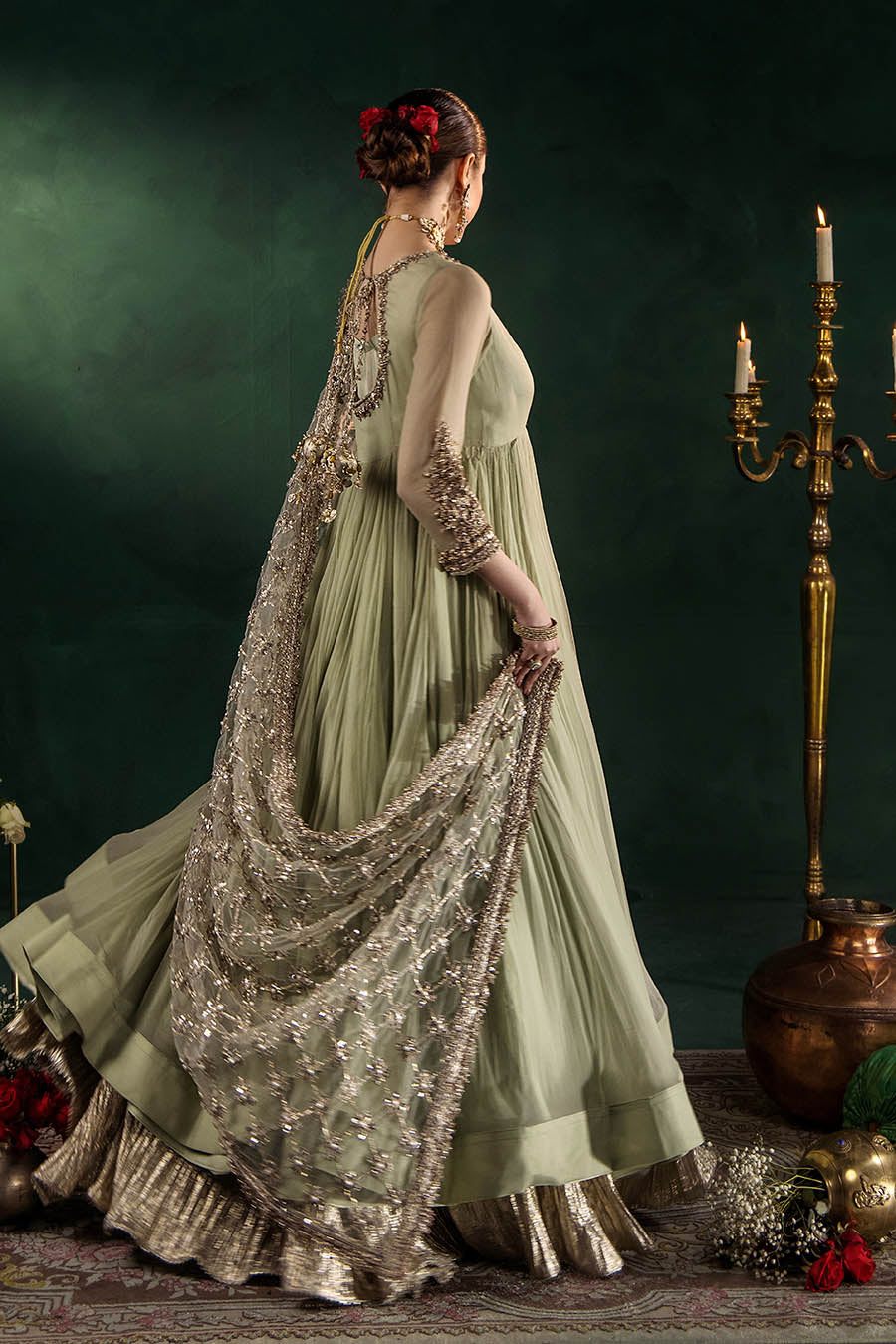 P-307 pastel pink / olive / white pishwas, reference outfit photograph 34 — Made by Mairaz reproduction
