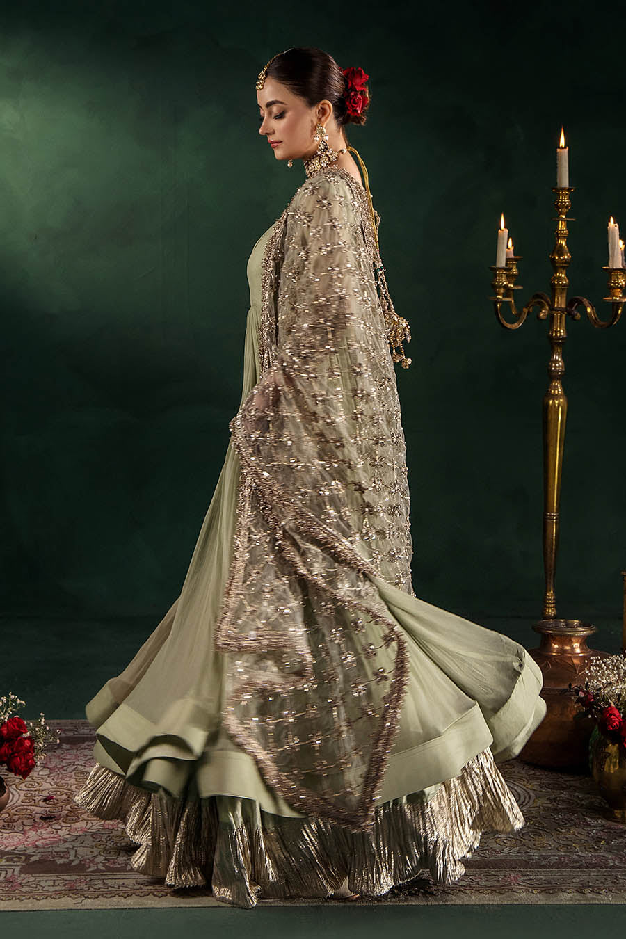 P-307 pastel pink / olive / white pishwas, reference outfit photograph 35 — Made by Mairaz reproduction