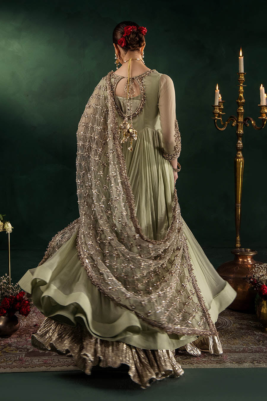 P-307 pastel pink / olive / white pishwas, reference outfit photograph 36 — Made by Mairaz reproduction