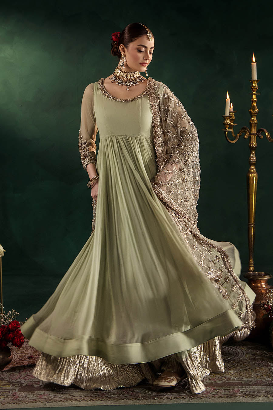 P-307 pastel pink / olive / white pishwas, reference outfit photograph 38 — Made by Mairaz reproduction