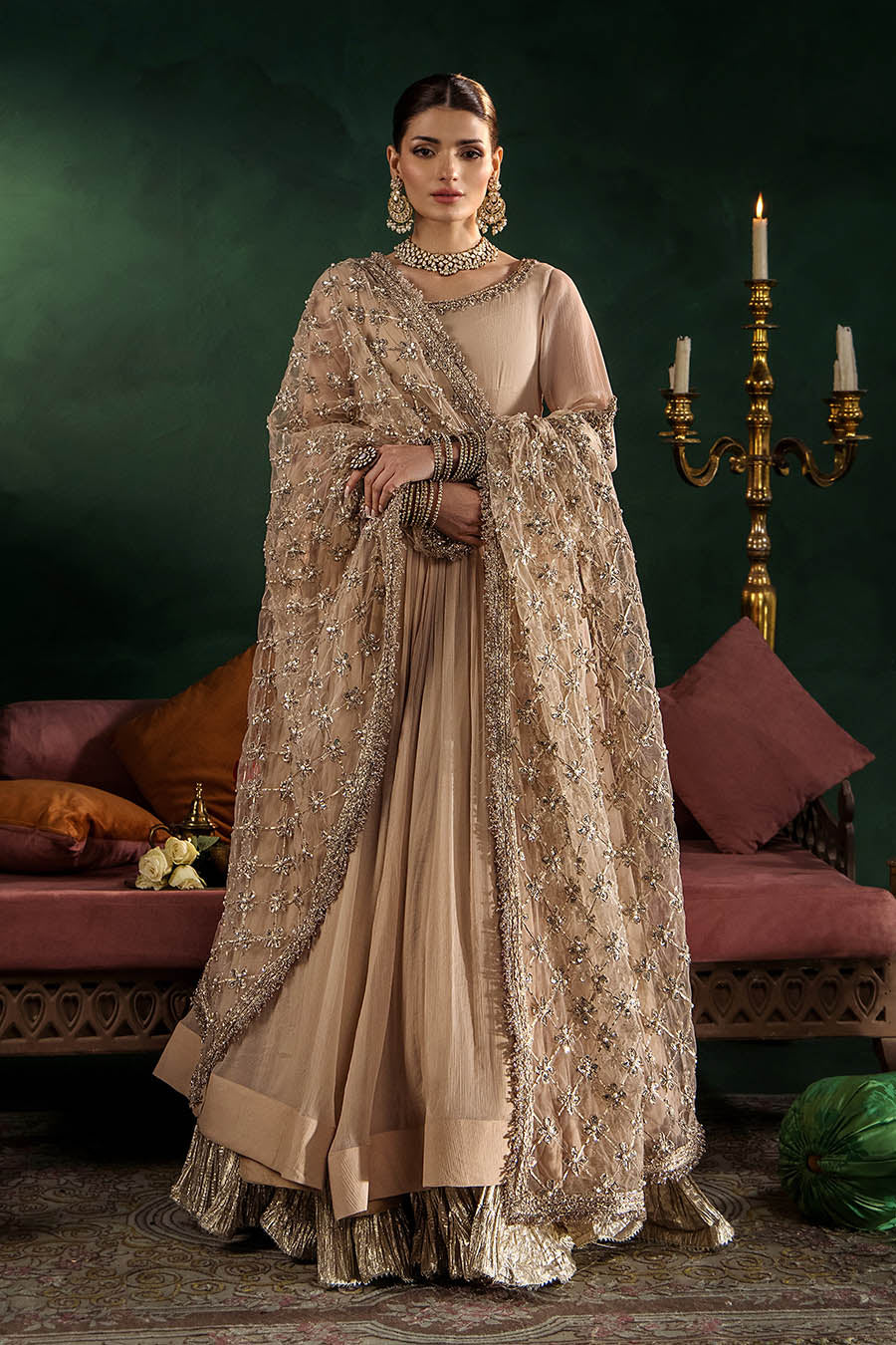 P-307 pastel pink / olive / white pishwas, reference outfit photograph 4 — Made by Mairaz reproduction