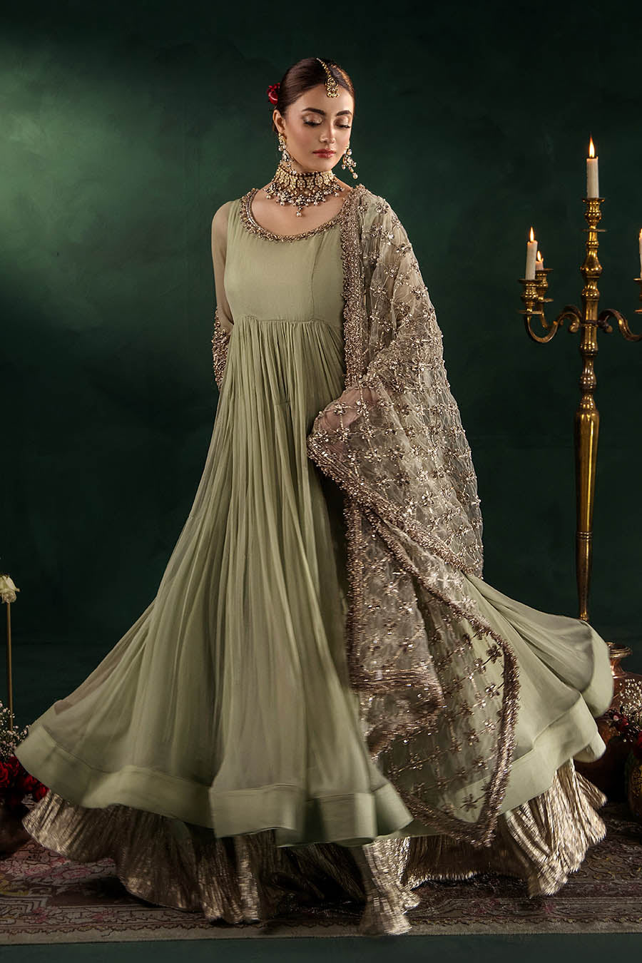 P-307 pastel pink / olive / white pishwas, reference outfit photograph 40 — Made by Mairaz reproduction