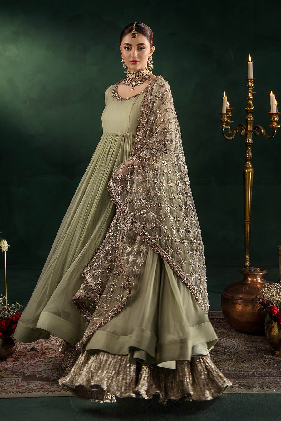 P-307 pastel pink / olive / white pishwas, reference outfit photograph 41 — Made by Mairaz reproduction