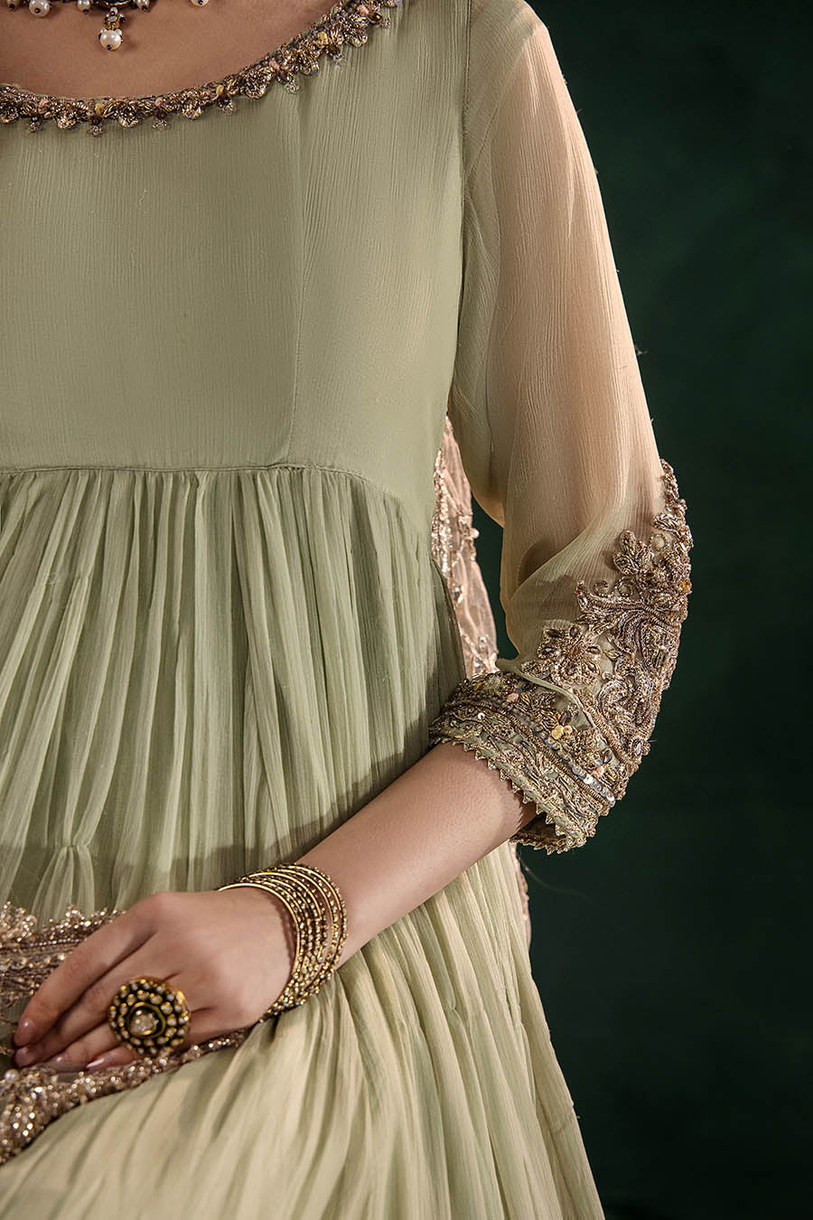 P-307 pastel pink / olive / white pishwas, reference outfit photograph 42 — Made by Mairaz reproduction