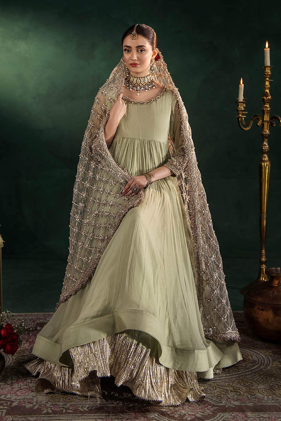 P-307 pastel pink / olive / white pishwas, reference outfit photograph 43 — Made by Mairaz reproduction