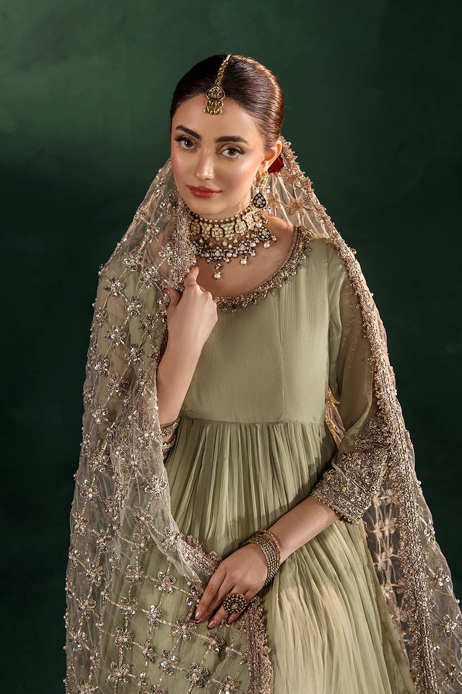 P-307 pastel pink / olive / white pishwas, reference outfit photograph 44 — Made by Mairaz reproduction