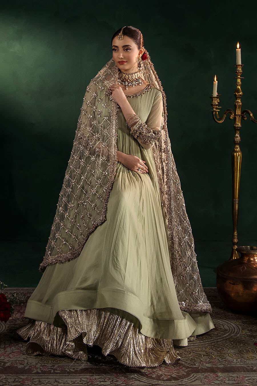 P-307 pastel pink / olive / white pishwas, reference outfit photograph 45 — Made by Mairaz reproduction