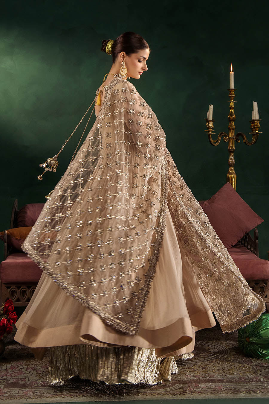 P-307 pastel pink / olive / white pishwas, reference outfit photograph 5 — Made by Mairaz reproduction