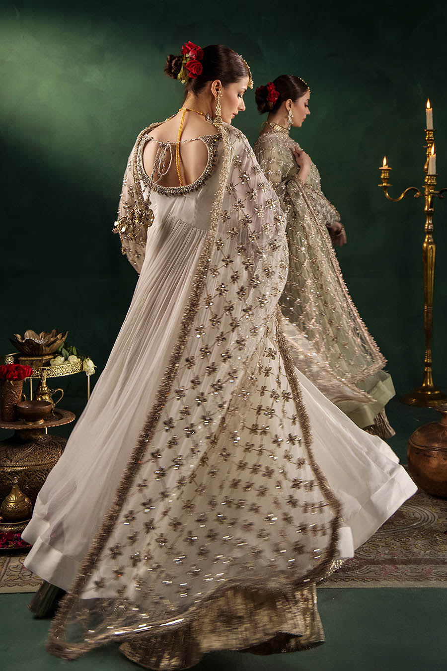P-307 pastel pink / olive / white pishwas, reference outfit photograph 51 — Made by Mairaz reproduction