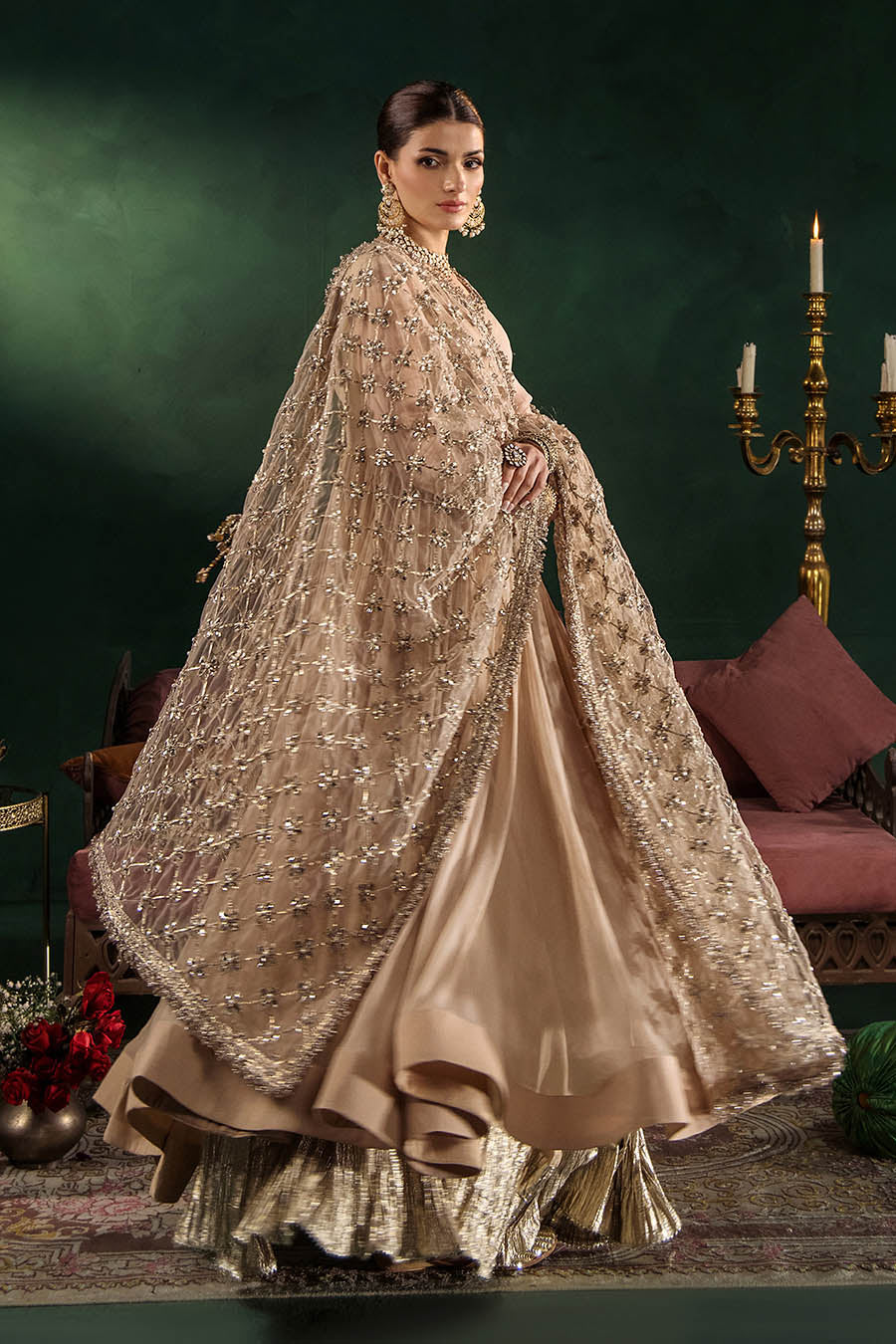 P-307 pastel pink / olive / white pishwas, reference outfit photograph 6 — Made by Mairaz reproduction