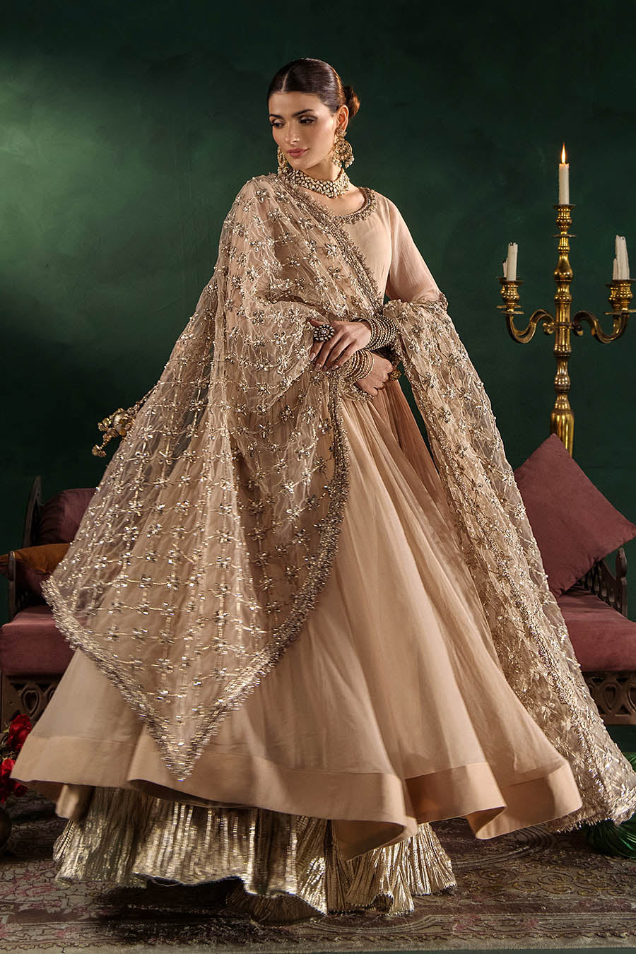 P-307 pastel pink / olive / white pishwas, reference outfit photograph 7 — Made by Mairaz reproduction