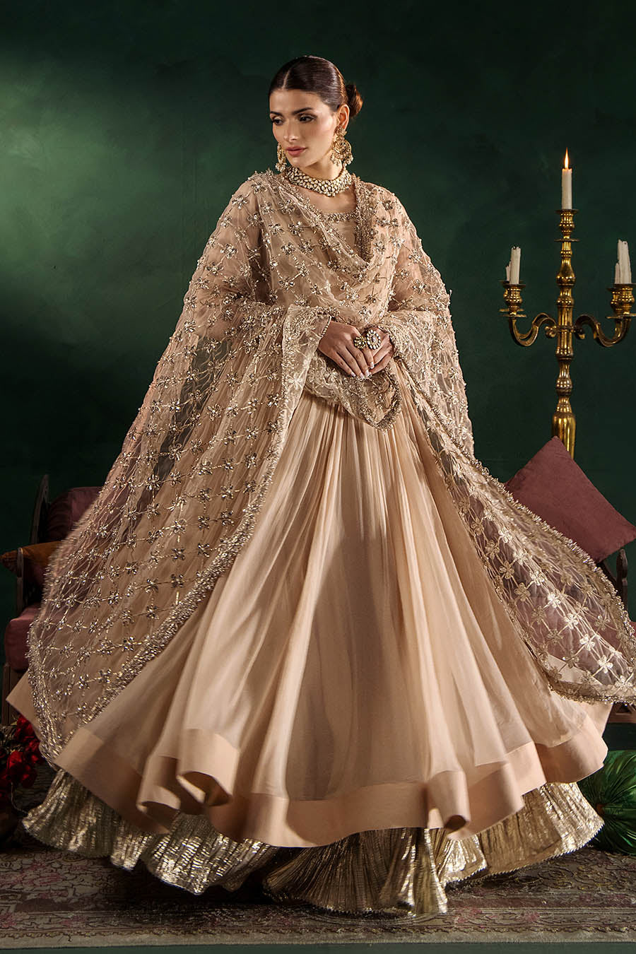 P-307 pastel pink / olive / white pishwas, reference outfit photograph 8 — Made by Mairaz reproduction