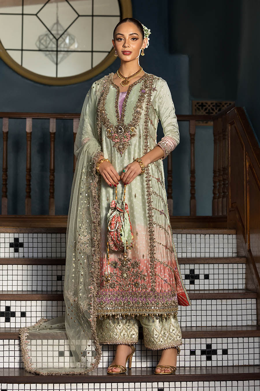 P-312 olive sharara suit with embroidered shirt and net dupatta, front view