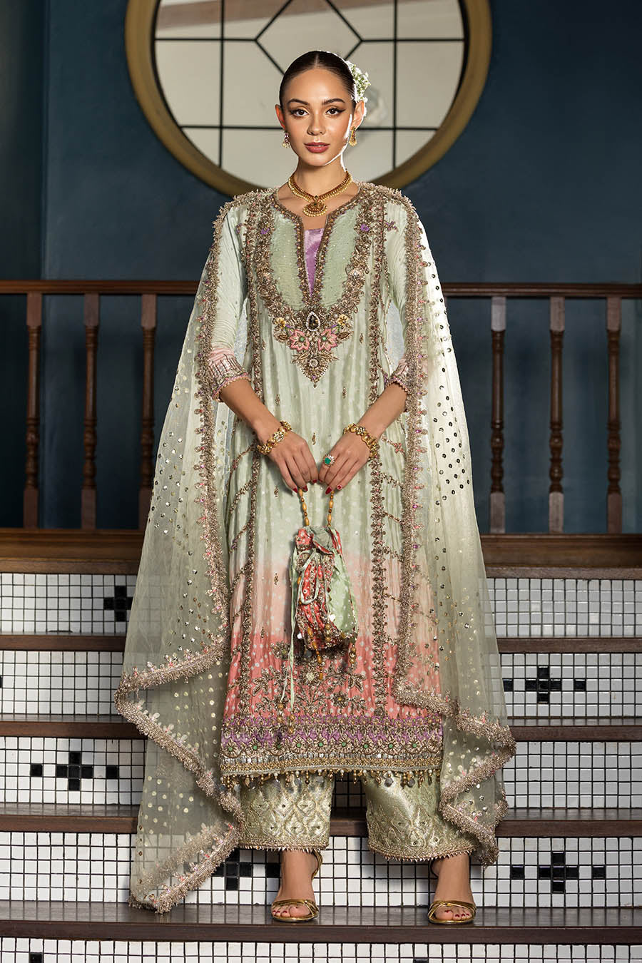 P-312 olive formal outfit showing neckline, shirt border and sharara