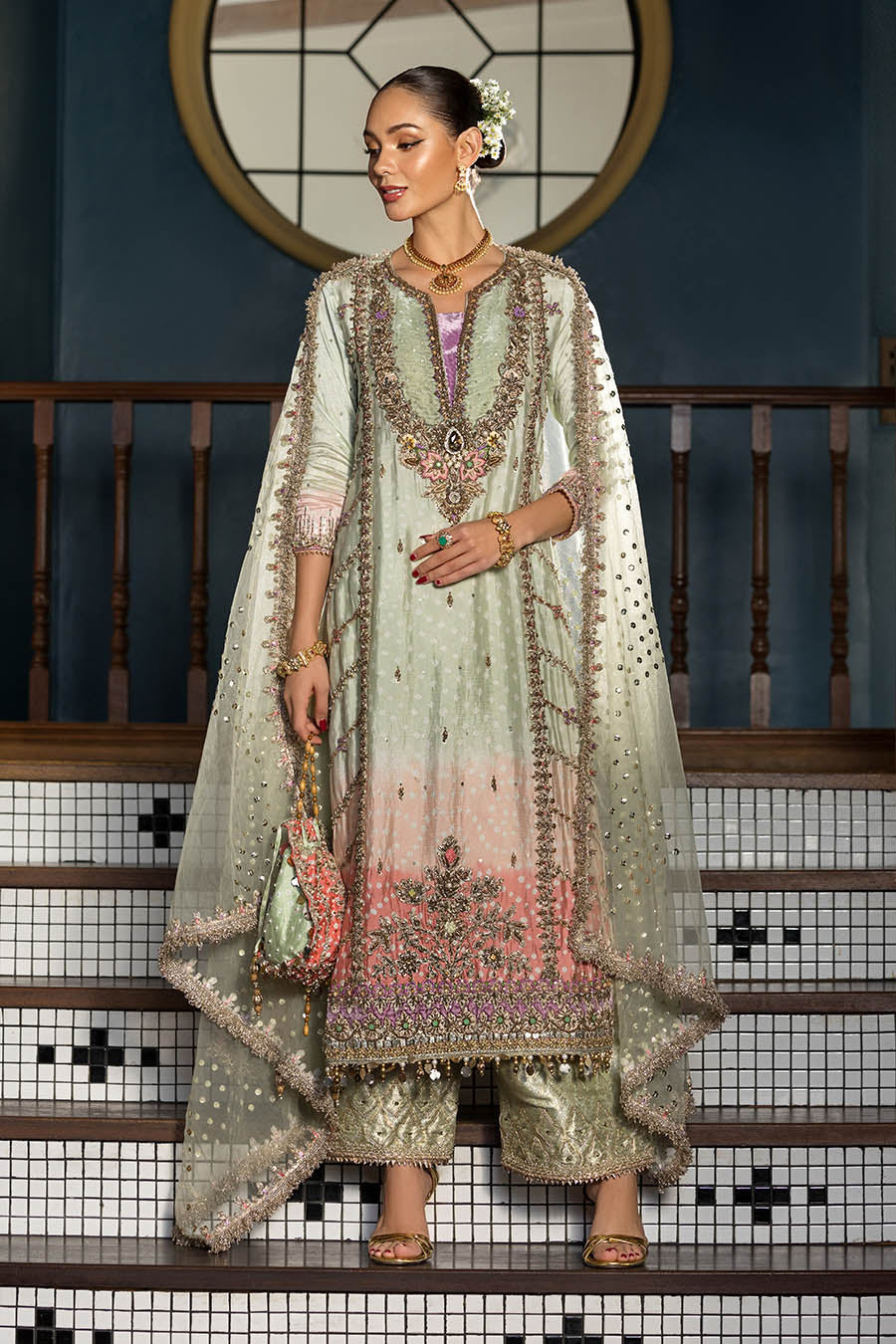 P-312 olive chunnari shirt with embellished dupatta, angled front view