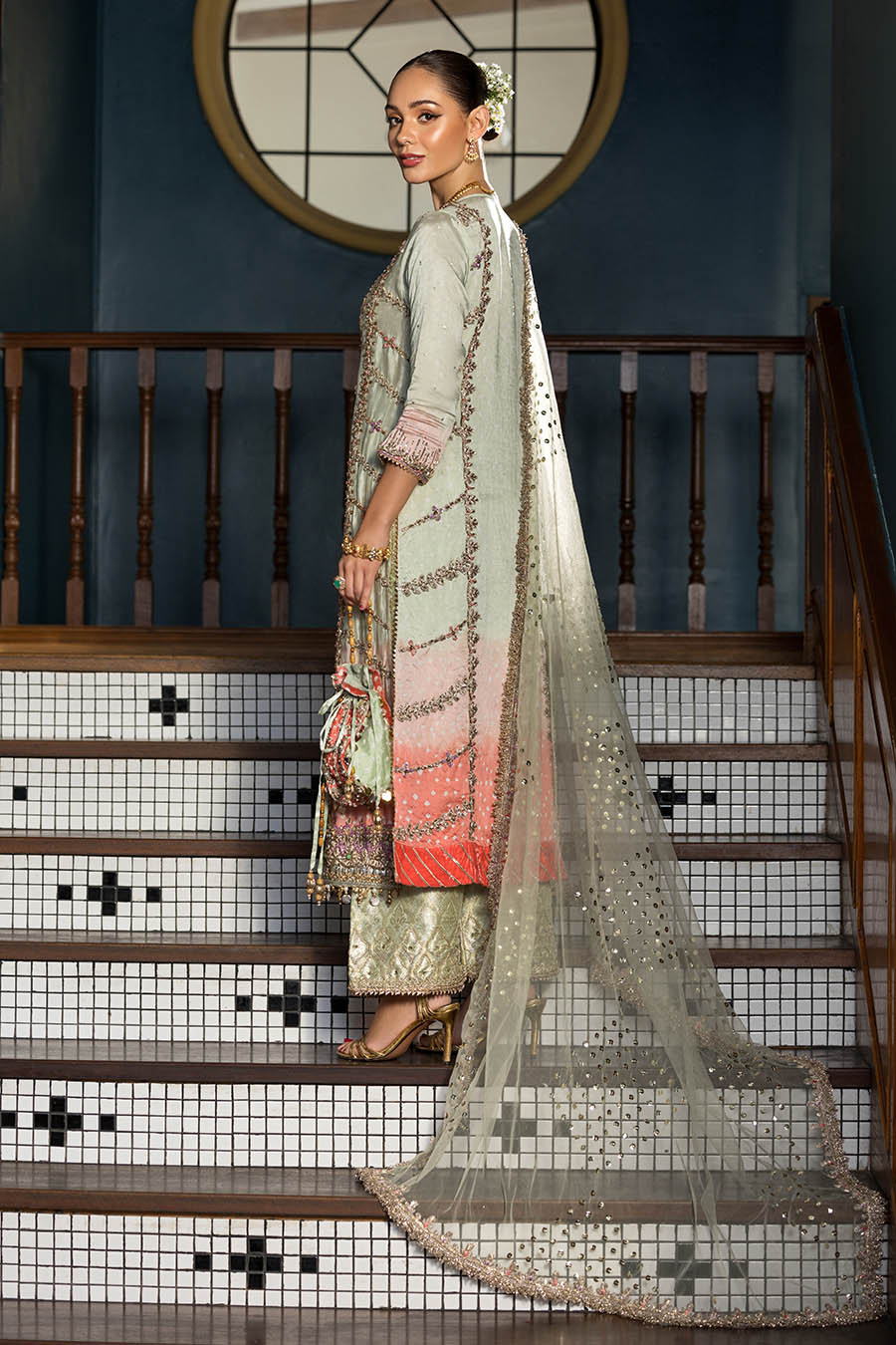 P-312 olive shirt and net dupatta, rear view