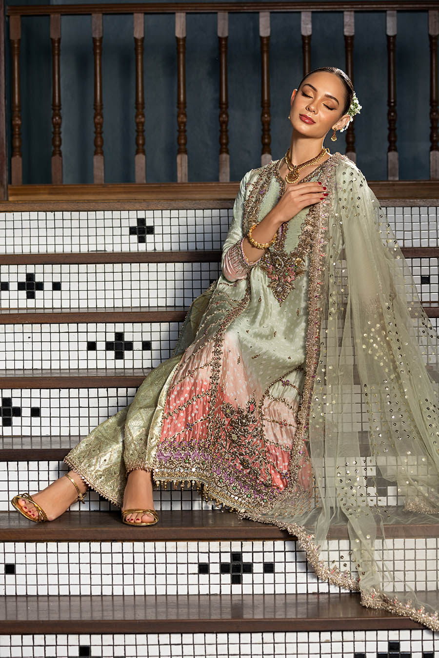 P-312 olive sharara ensemble, seated view