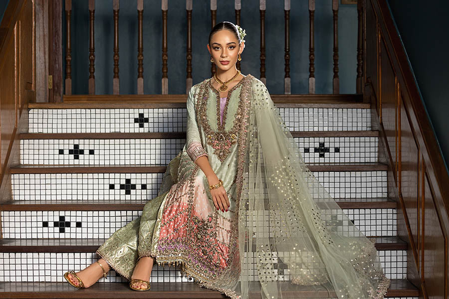 P-312 formal sharara silhouette and dupatta drape