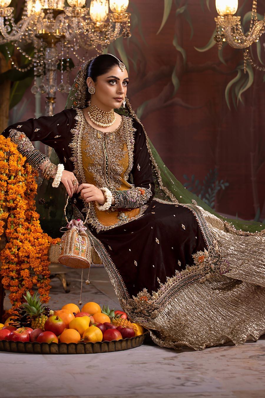 P-265, made by MAIRAZ — seated view showing the embellished shirt and full sharara flare