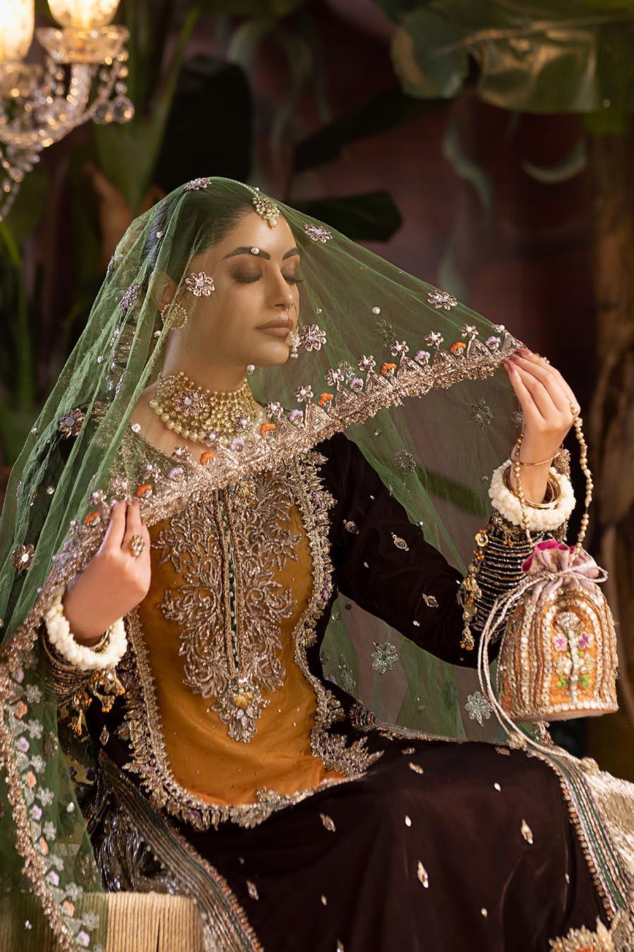 P-265, made by MAIRAZ — close-up of the embroidered bodice and green dupatta border