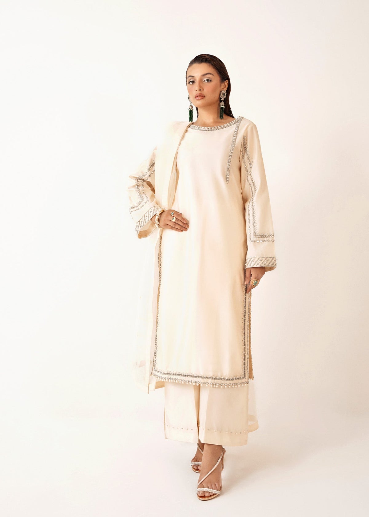 Pearl ivory shirt suit, reference outfit photograph 1 — Made by Mairaz reproduction