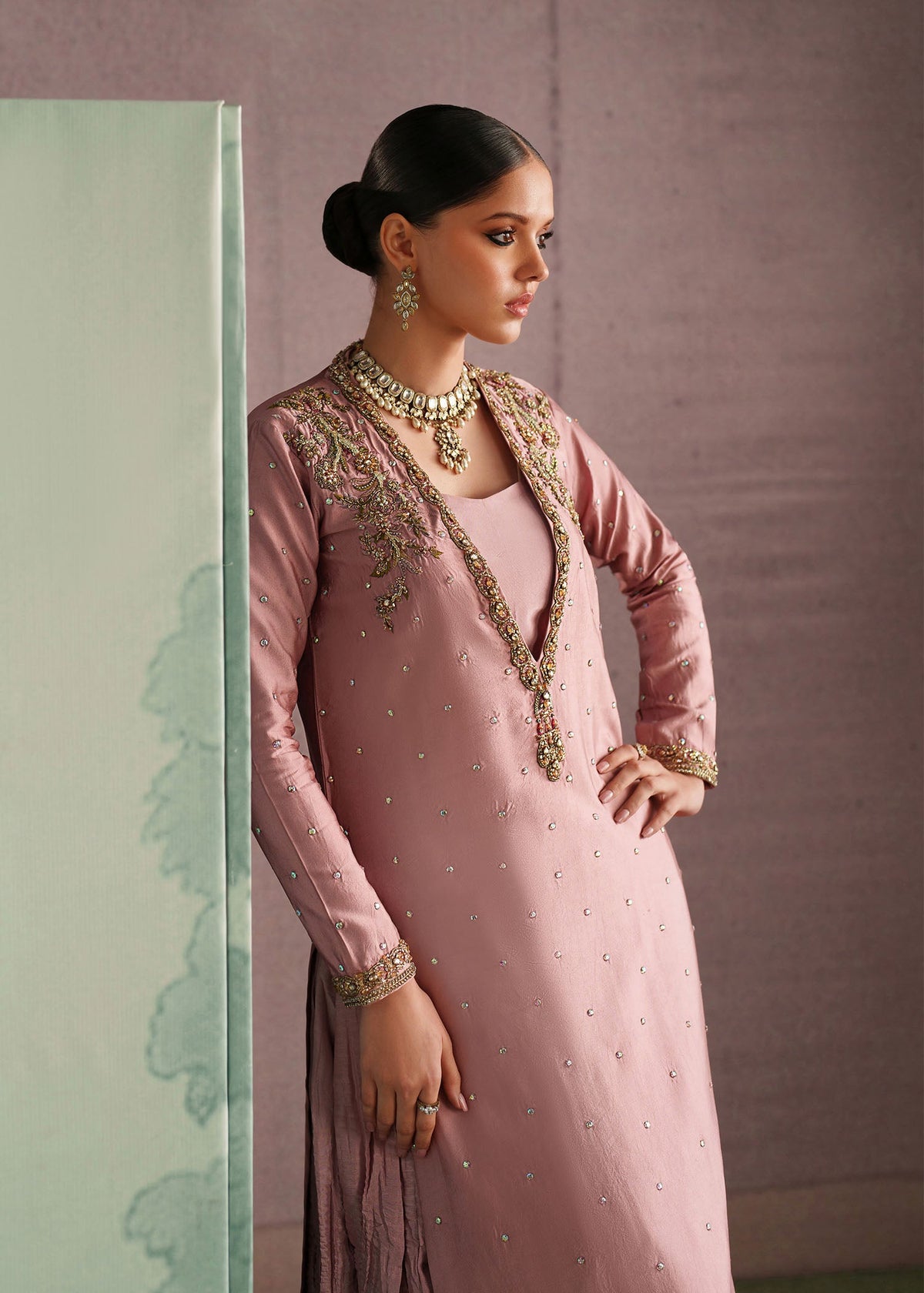 Raeha blush pink crushed-trouser suit, reference outfit photograph 7 — Made by Mairaz reproduction