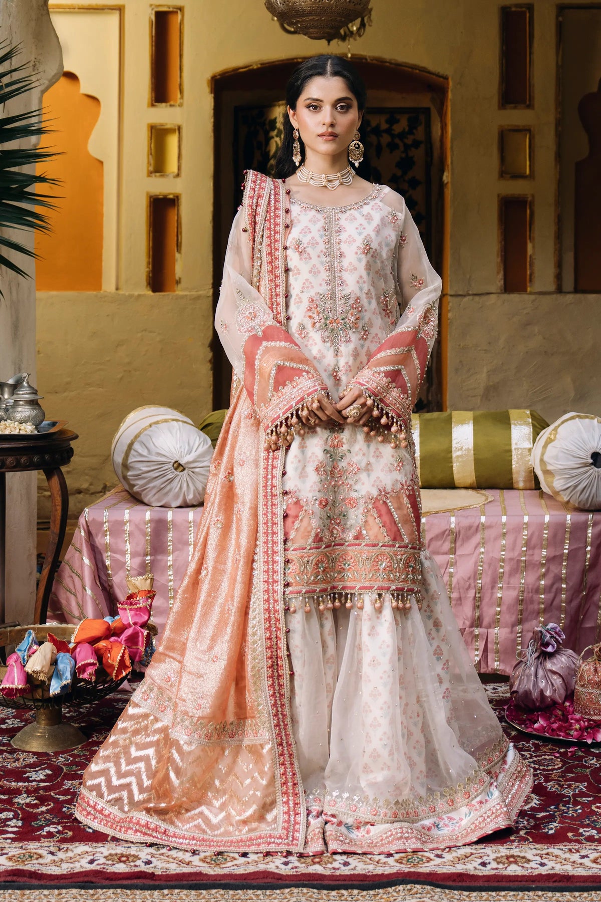 SB-43 Ishaq pearl white gharara suit, reference outfit photograph 1 — Made by Mairaz reproduction