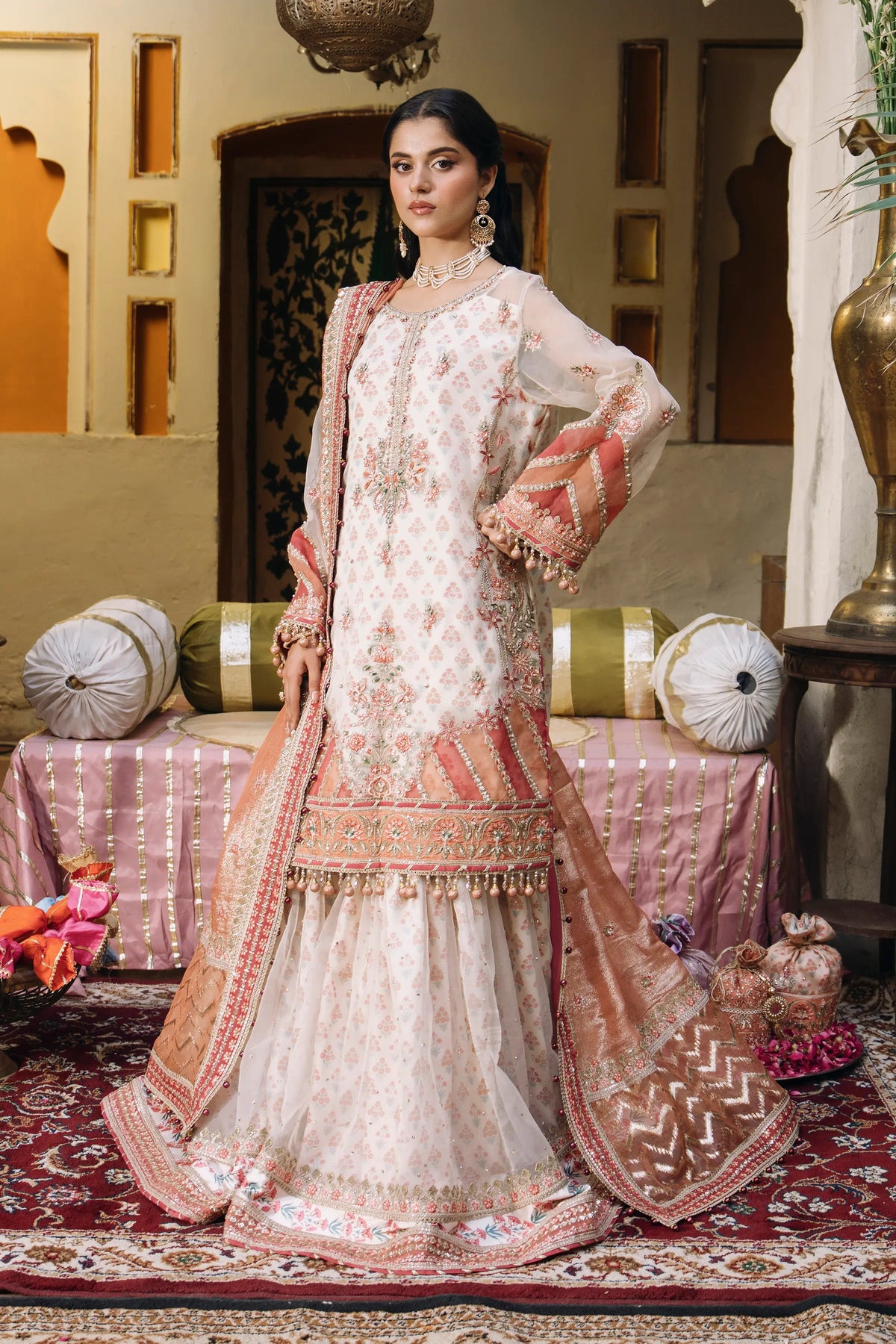 SB-43 Ishaq pearl white gharara suit, reference outfit photograph 2 — Made by Mairaz reproduction
