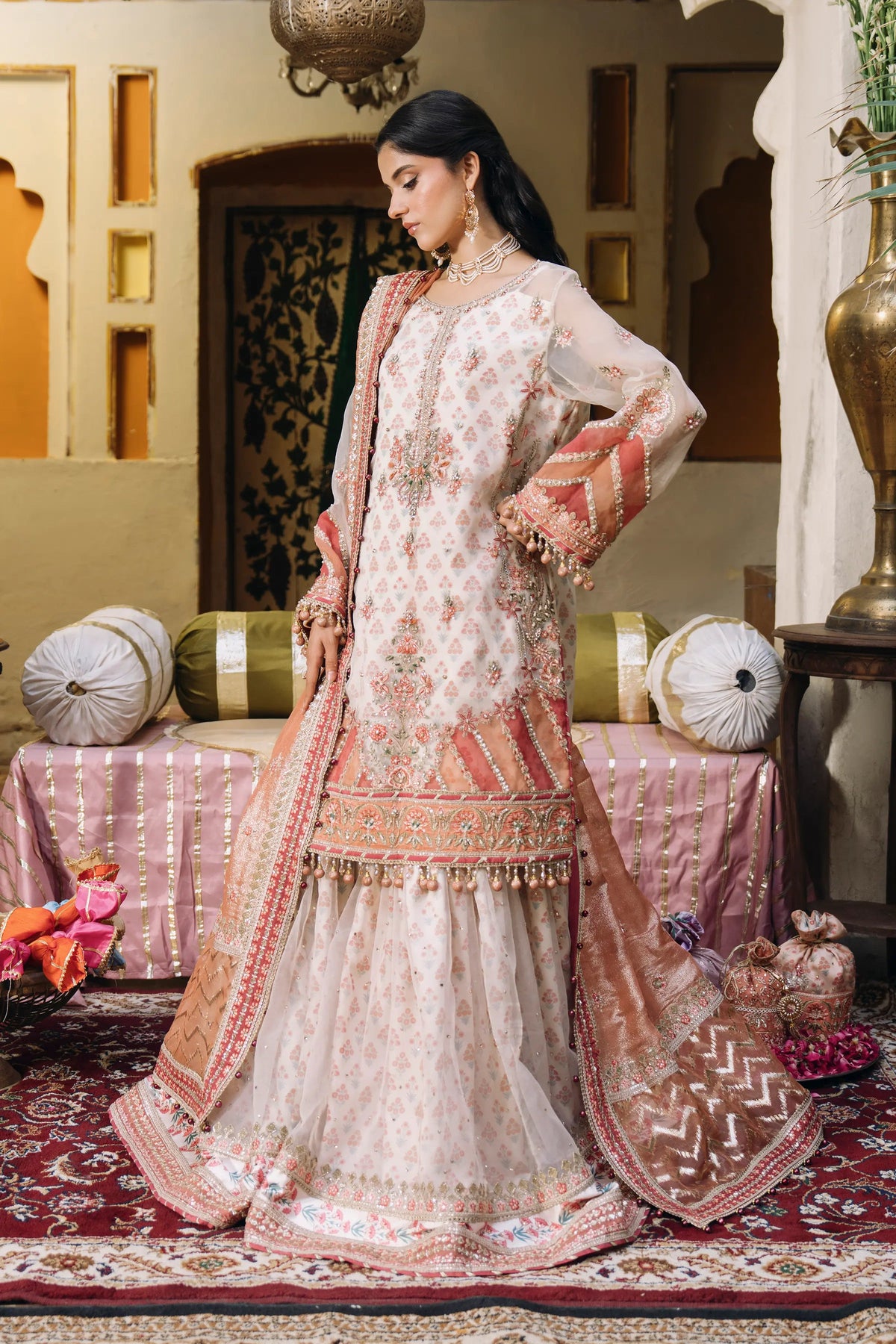 SB-43 Ishaq pearl white gharara suit, reference outfit photograph 5 — Made by Mairaz reproduction