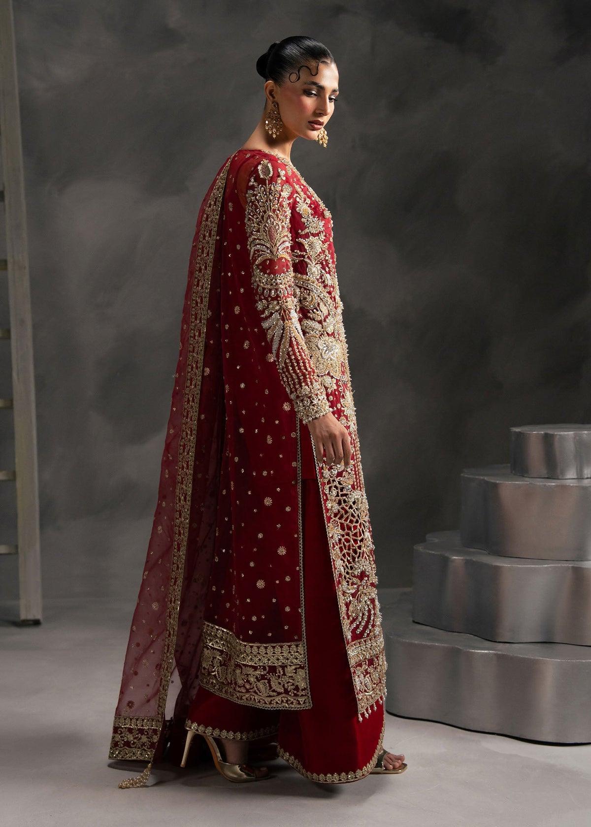 Scarlet Rose crimson red long shirt suit, reference outfit photograph 7 — Made by Mairaz reproduction